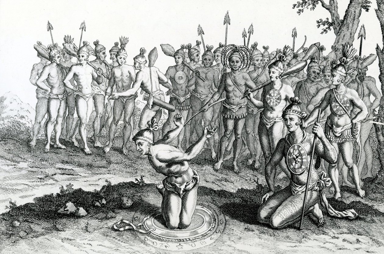 Floridan kuningas neuvoi taikuriaan ennen taisteluun menoa, kuva otettu Moores Voyages and Travels -julkaisusta, 1778 tekijältä English School