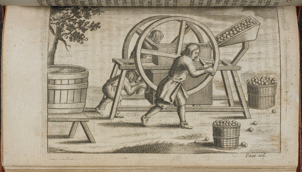 Kone hedelmien puristamiseen, kuvitus "Vinetum Britannicum" tai "Treatise of Cyder" tekijältä English School