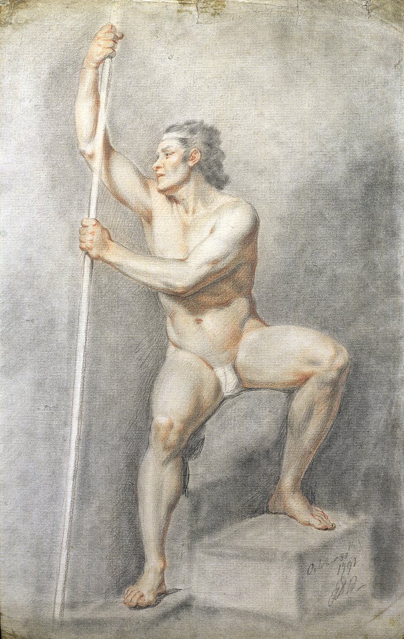 Mies alaston pitelee sauvaa, n. 1770 (värilliset liidut paperilla) tekijältä English School