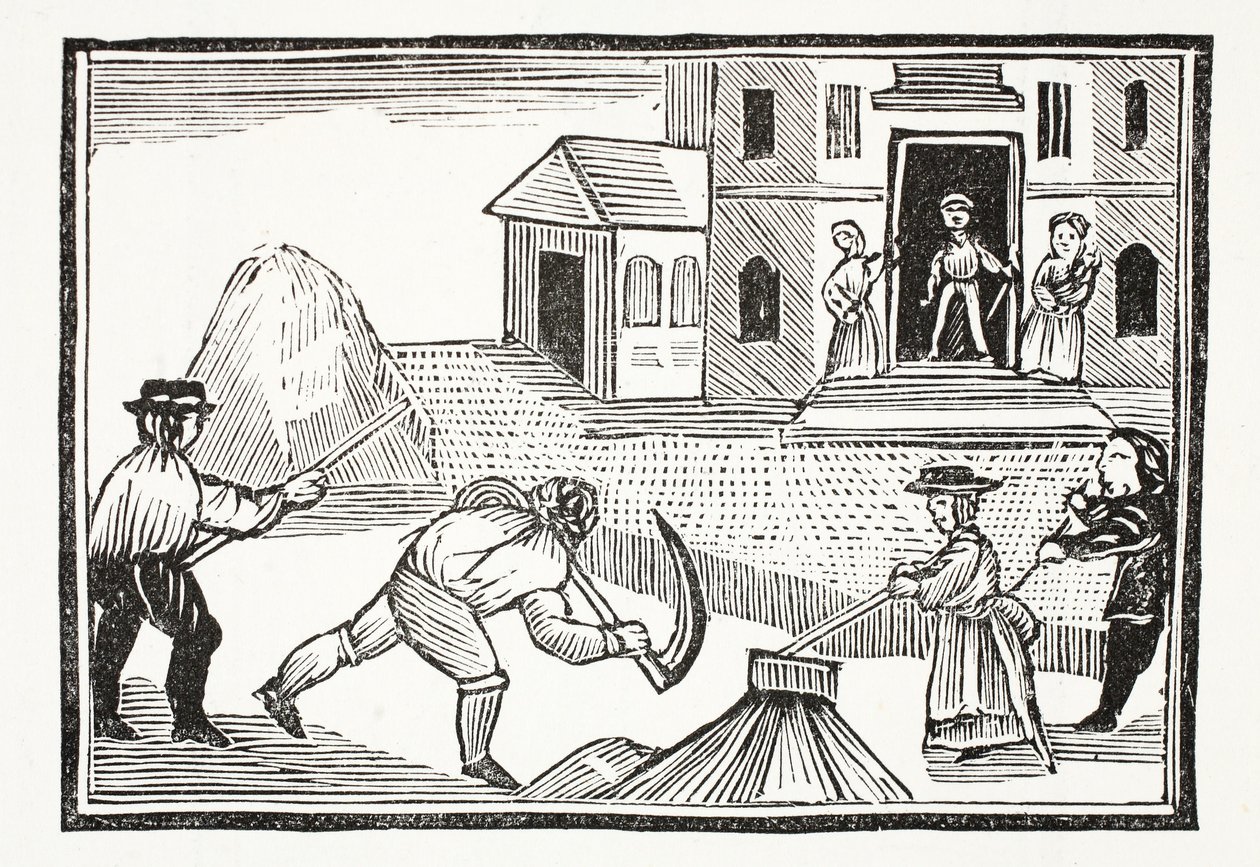 Mies leikkaa ruohoa viikateellä, joka vei kaiken ennen sitä, kuvitus John Ashtonin kirjasta Chap-books of the Eightenth Century, pub. 1882 tekijältä English School