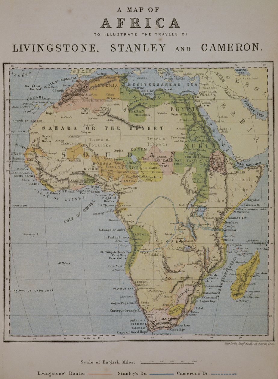 Afrikan kartta, joka havainnollistaa David Livingstonen (1813-73), Henry Morton Stanleyn (1841-1904) ja Verney Lovett Cameronin (1844-94) matkoja tekijältä English School