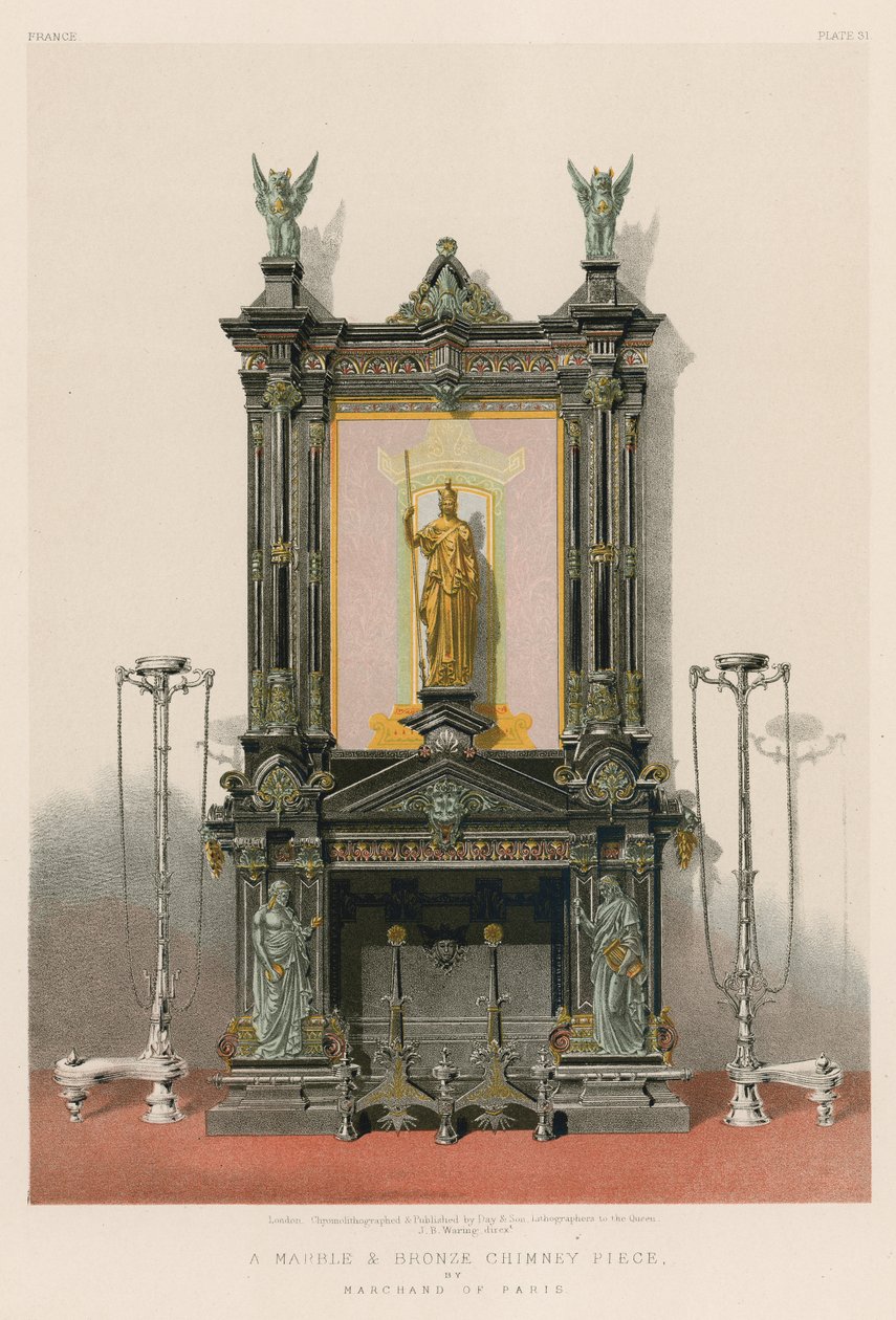 Pariisilaisen Marchandin marmorista ja pronssista valmistettu savupiippu (chromolitho). tekijältä English School