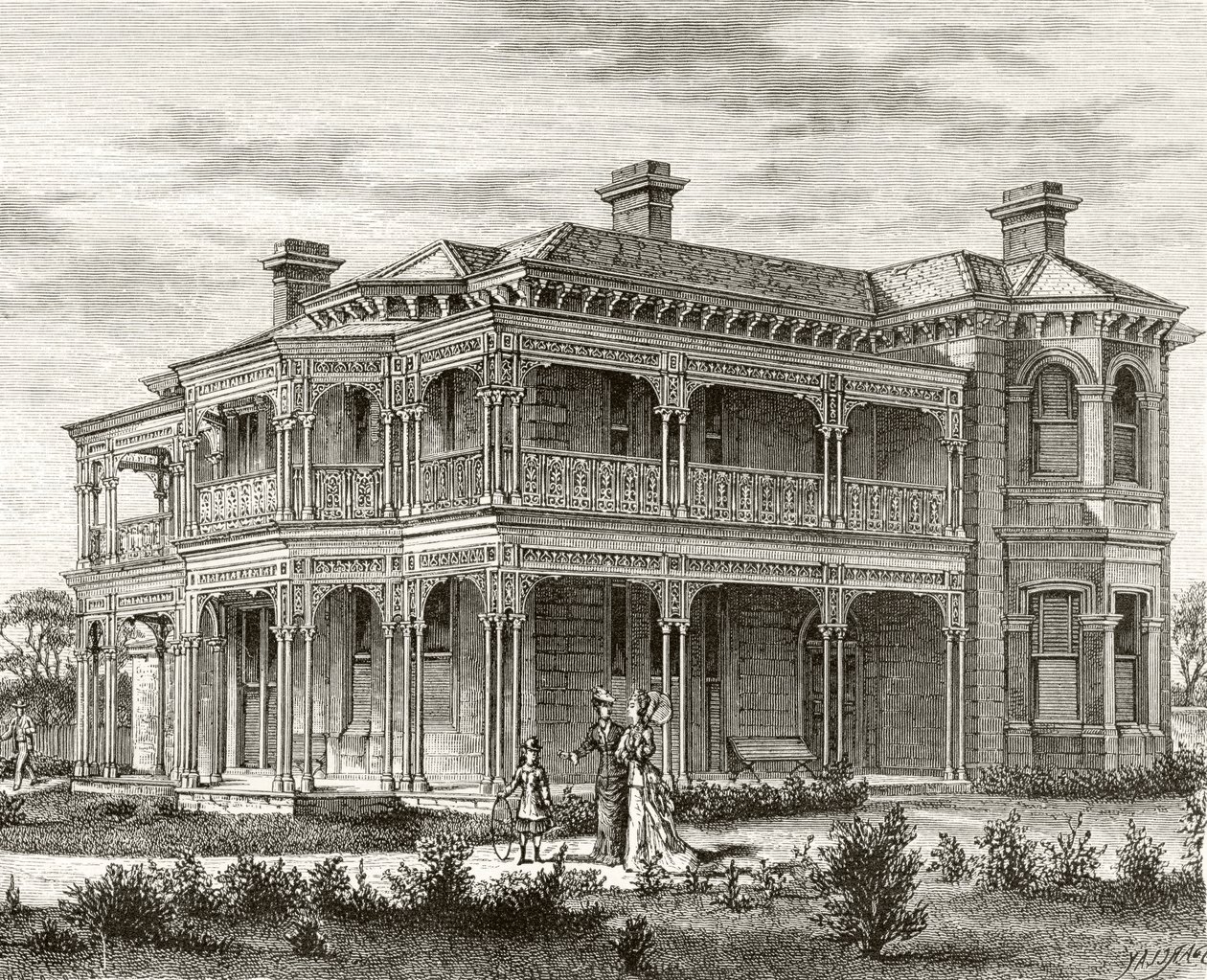 Melbournen esikaupunkitalo, noin 1880, Howard Willoughbyn "Australian Pictures" -julkaisusta, julkaisija Religious Tract Society, Lontoo, 1886 tekijältä English School