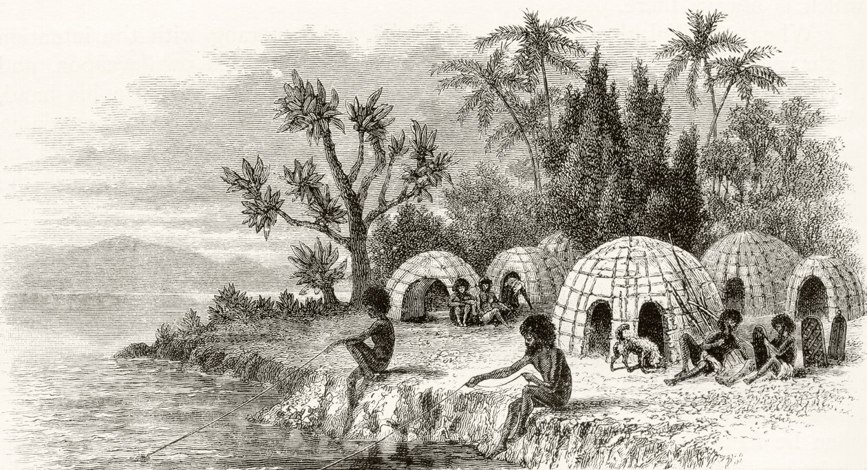 Alkuperäinen leiri Queenslandissa, noin 1880, Howard Willoughbyn "Australian Pictures" -julkaisusta, julkaisija Religious Tract Society, Lontoo, 1886 tekijältä English School