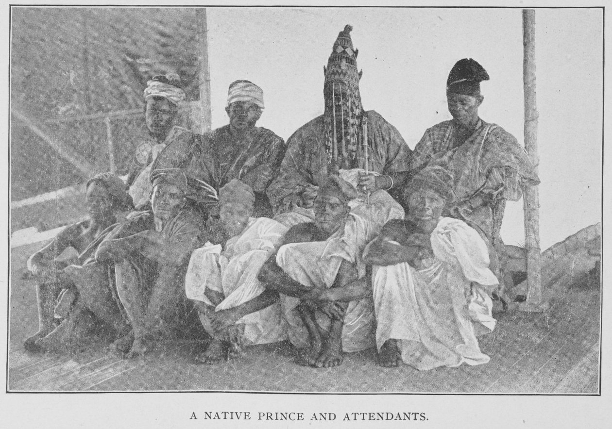 A Native Prince and Attendants, kuva Afrikan metsässä ja viidakossa: tai kuusi vuotta jorubalaisten keskuudessa, pastori Richard H. Stone, n. 1899 (fotomekaaninen printti) tekijältä English School