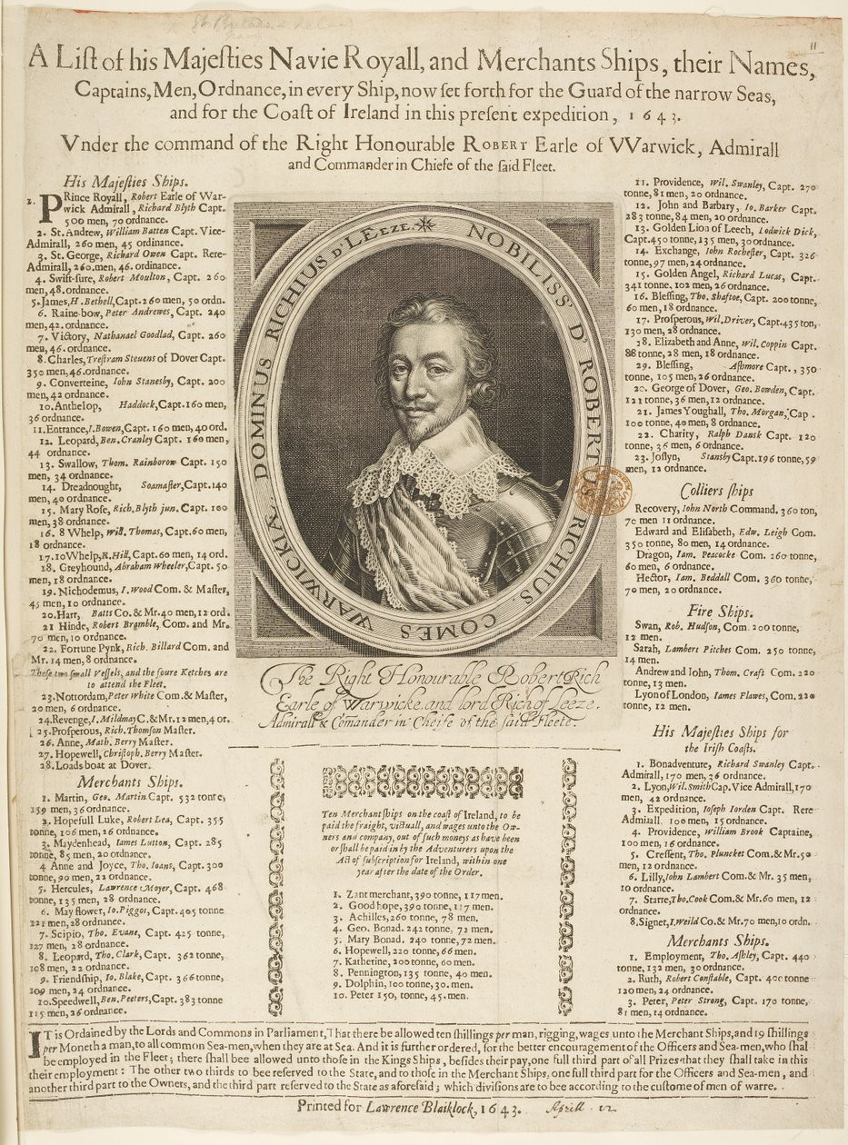Naval Shipping Llisting, jossa on muotokuva Earl of Warwickista tekijältä English School