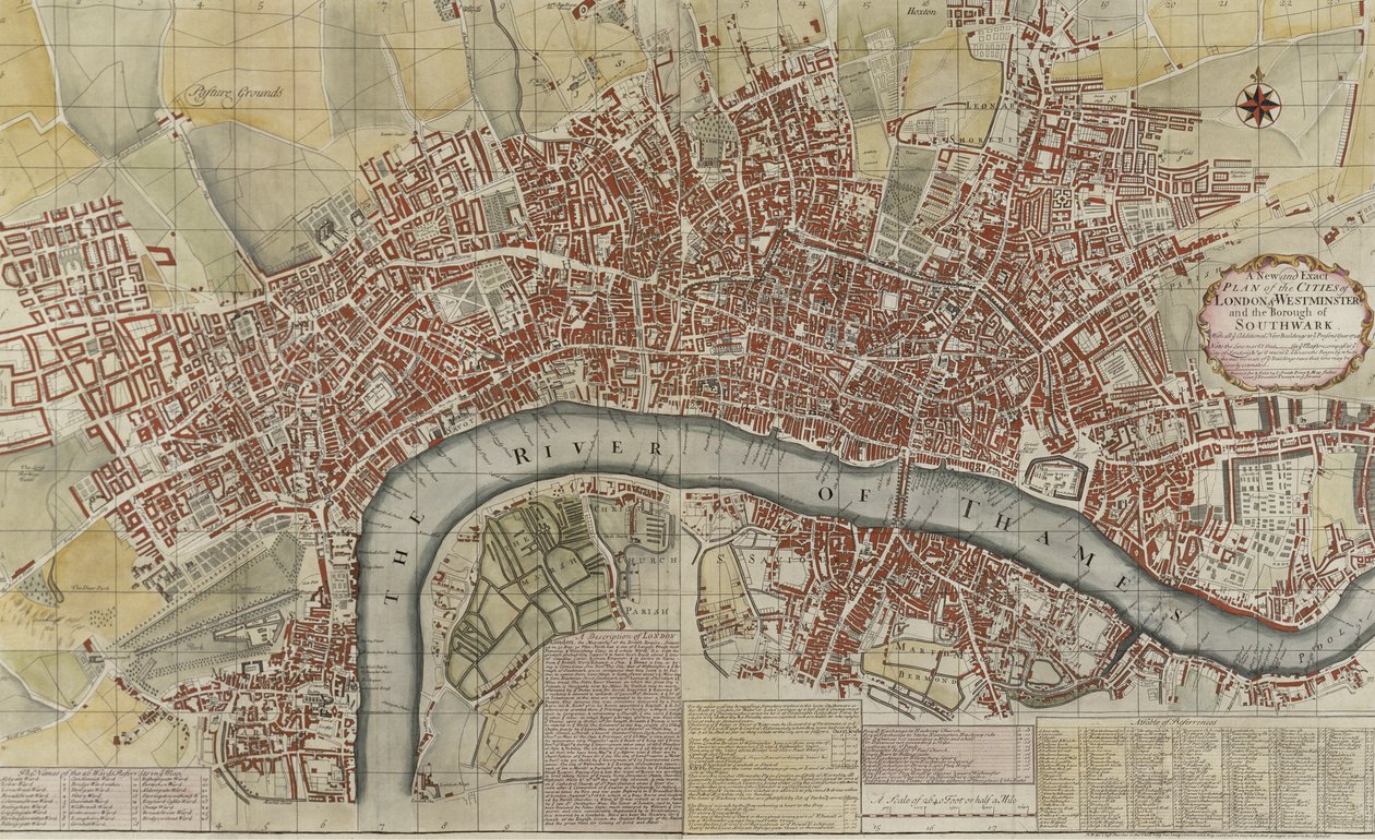 Lontoon ja Westminsterin kaupunkien sekä Southwarkin kaupungin uusi ja tarkka suunnitelma, 1725 tekijältä English School