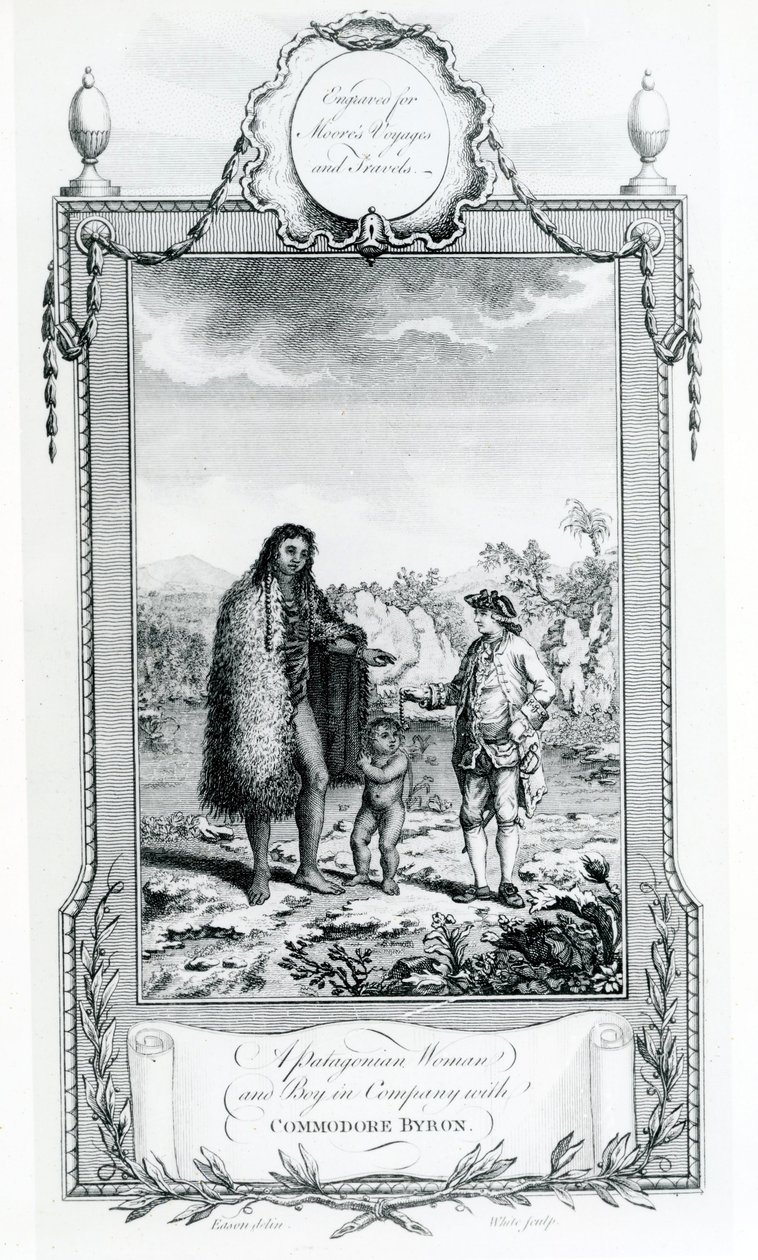 Patagonialainen nainen ja poika kommodore Byronin seurassa, kuva otettu Moores Voyages and Travelsista, 1778 tekijältä English School