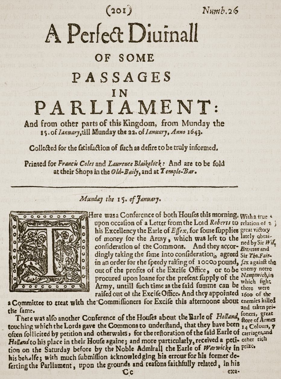 A Perfect Diurnall, faksimile numeron 26, 1643 etusivusta, kuvitus Cassells Illustrated History of Englandista (seepiakuva) tekijältä English School
