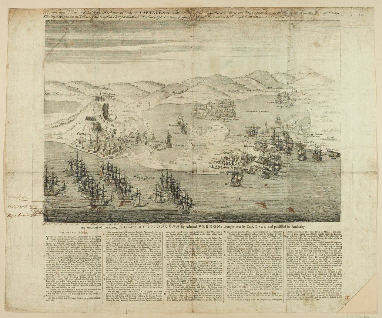 Perspektiiviluonnos Carthagenan kaupungista, satamasta ja linnoituksista vuonna 1739, julkaistu 1741 (viivakaiverrus) tekijältä English School