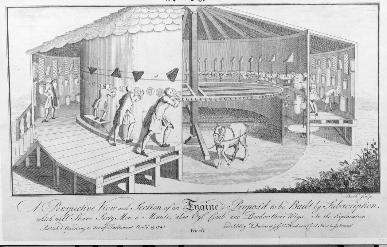 Perspektiivinäkymä ja osa tilauksesta rakennettavasta moottorista, joka ajaa kuusikymmentä miestä minuutissa, myös Oyl-kampa ja Powder their Wigs, julkaisija J. Dubois, 1745 tekijältä English School