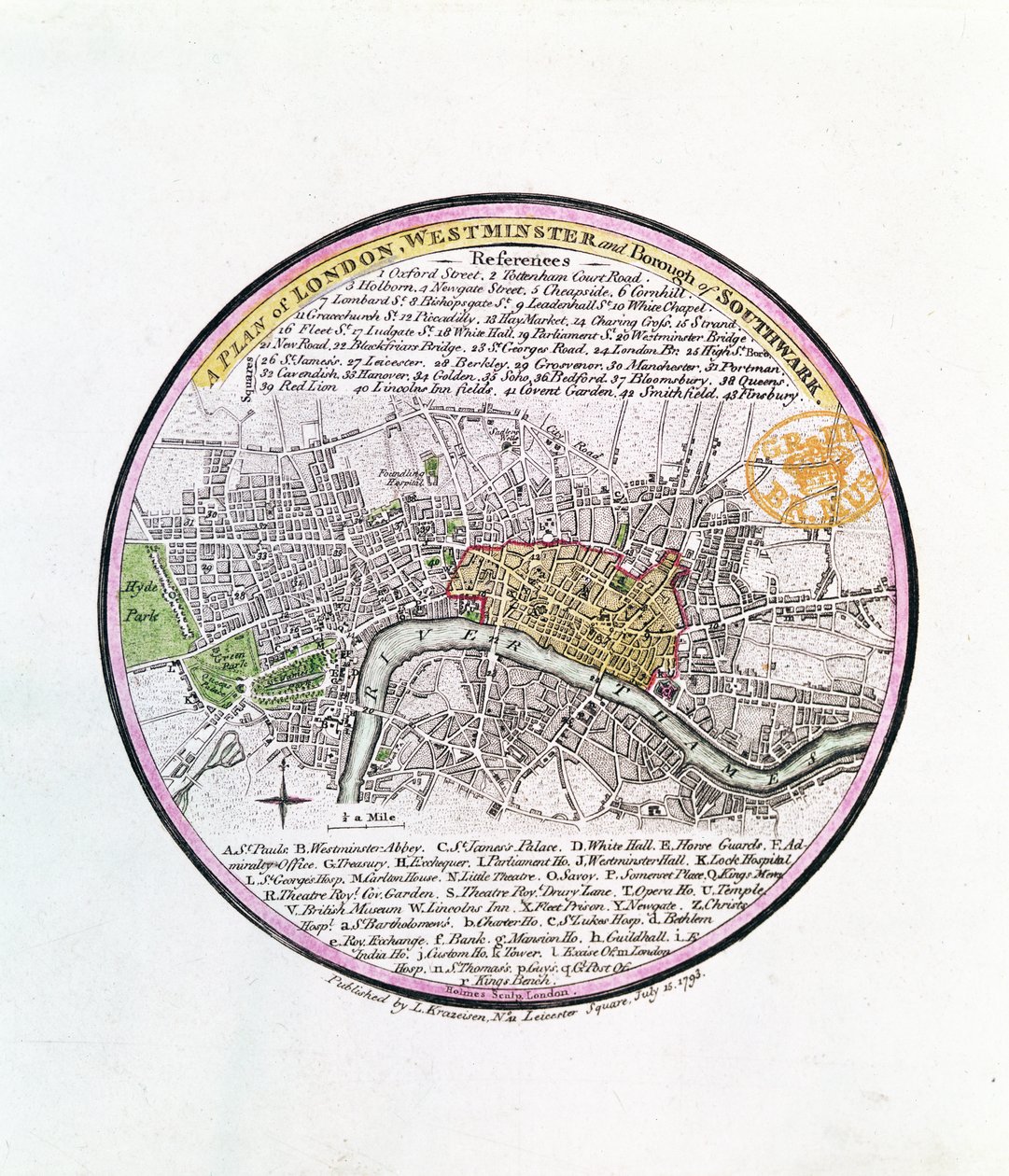 A Plan of London, Westminster ja Borough of Southwark, 1793 (käsinvärinen kaiverrus) tekijältä English School