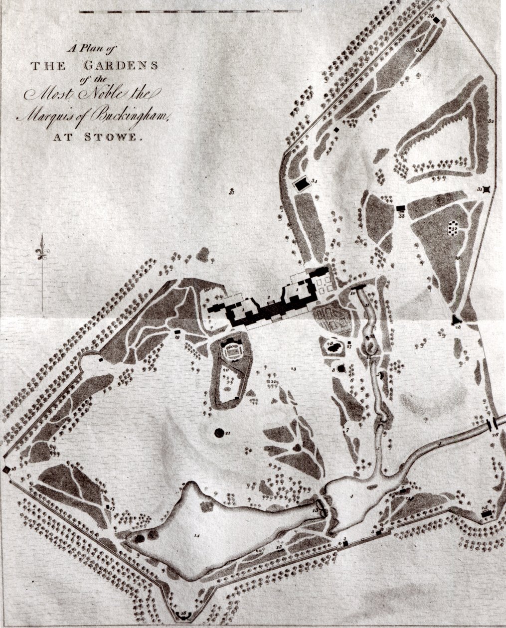 Suunnitelma Buckinghamin jaloimman markiisin puutarhasta Stowessa vierailijoiden opaskirjasta, joka julkaistiin vuonna 1797 (katso Charles Bridgemanin aikaisempi suunnitelma 140582) tekijältä English School