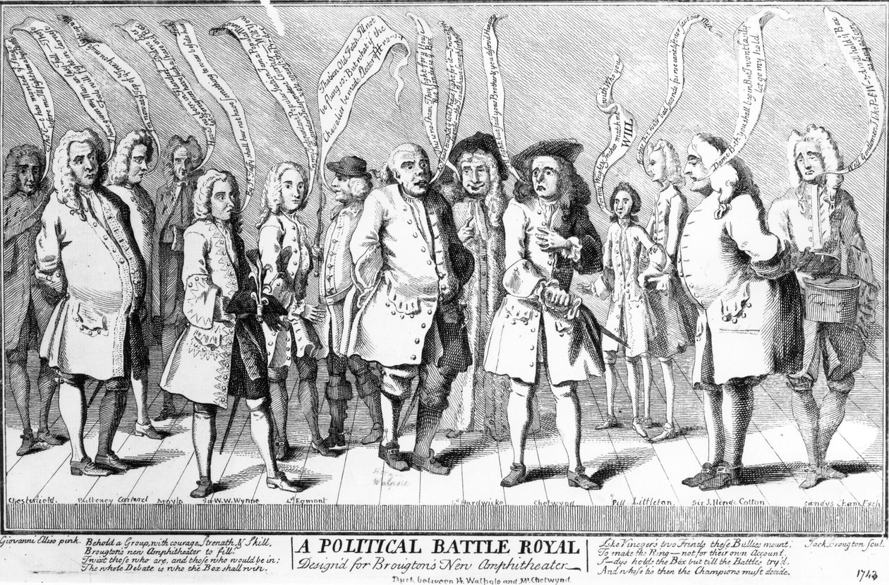 Poliittiset Battle Royale -suunnitelmat Broughtons New Amphitheatrelle, n. 1743 tekijältä English School