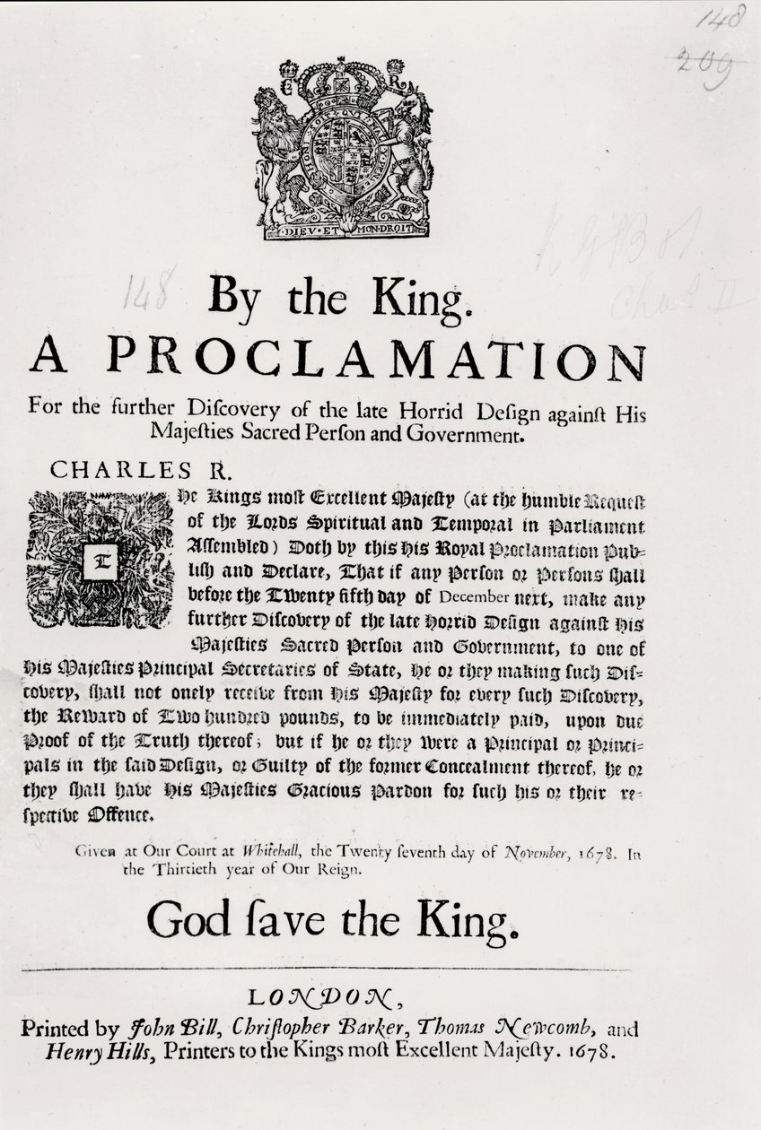 Kuninkaan julistus hänen majesteettinsa pyhää henkilöä ja hallitusta vastaan suunnatun kauhistuttavan suunnitelman selvittämiseksi, 27. marraskuuta 1678. tekijältä English School