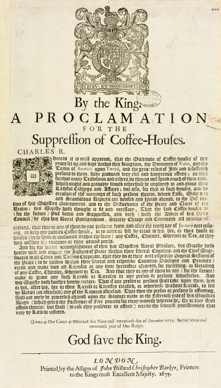 Kuninkaan julistus kahvitalojen tukahduttamisesta, 1675 tekijältä English School