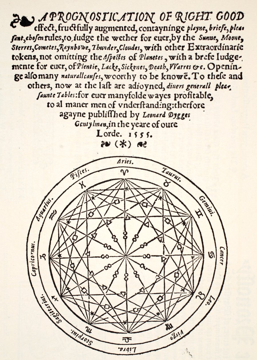 A Prognostication of Right Good, kirjoittanut Leonard Dygges, painanut Thomas Gemini, Blacke Friars, Lontoo, 1555 tekijältä English School