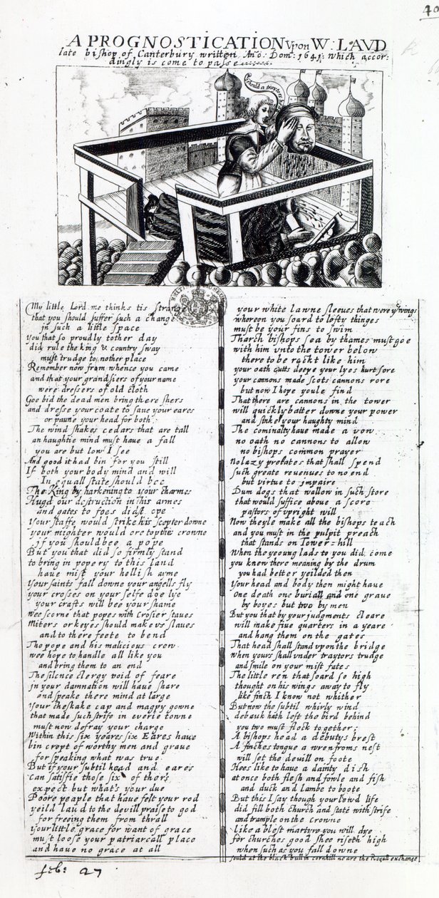 "A Prognostication on W. Laud, edesmennyt Canterburyn piispa, kirjoitettu vuonna 1641, mikä on näin ollen toteutunut", vuonna 1645 julkaistu sisällissodan traktaatti tekijältä English School