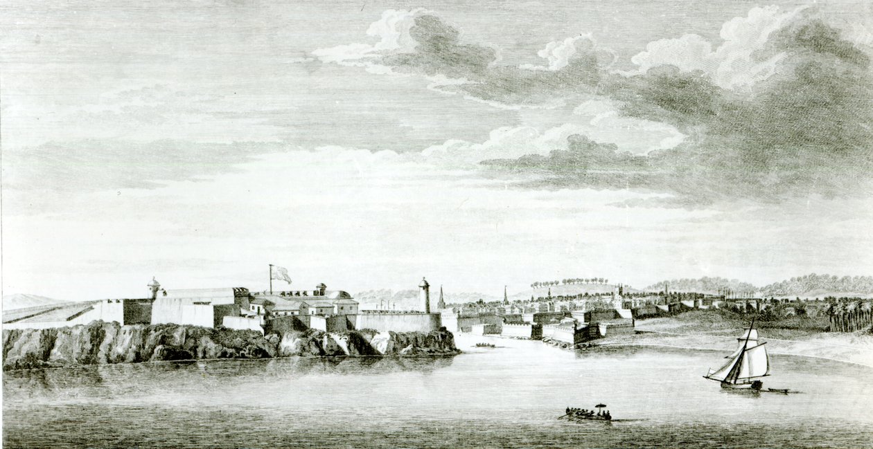Näkymä Moron linnaan ja Havannan kaupunkiin mereltä, Pierre Charles Canotin kaiverrus Britannian laivaston upseerin piirustuksesta, 1818 tekijältä English School
