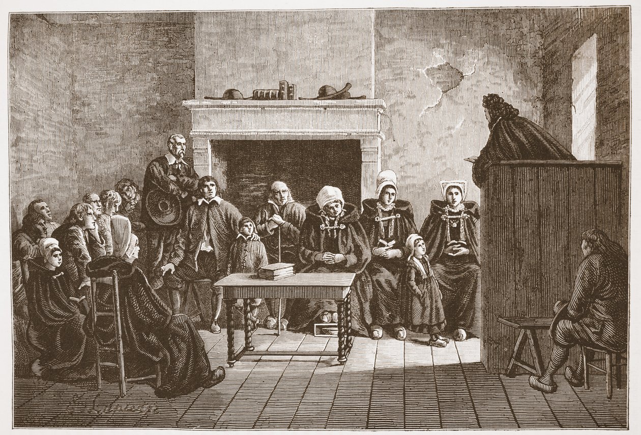 Protestanttinen pastori, joka puhuu hugenottien salaiselle kokoukselle, esimerkki James Aitken Wylien (1808-1890) teoksesta The History of Protestantism, pub. 1878 tekijältä English School
