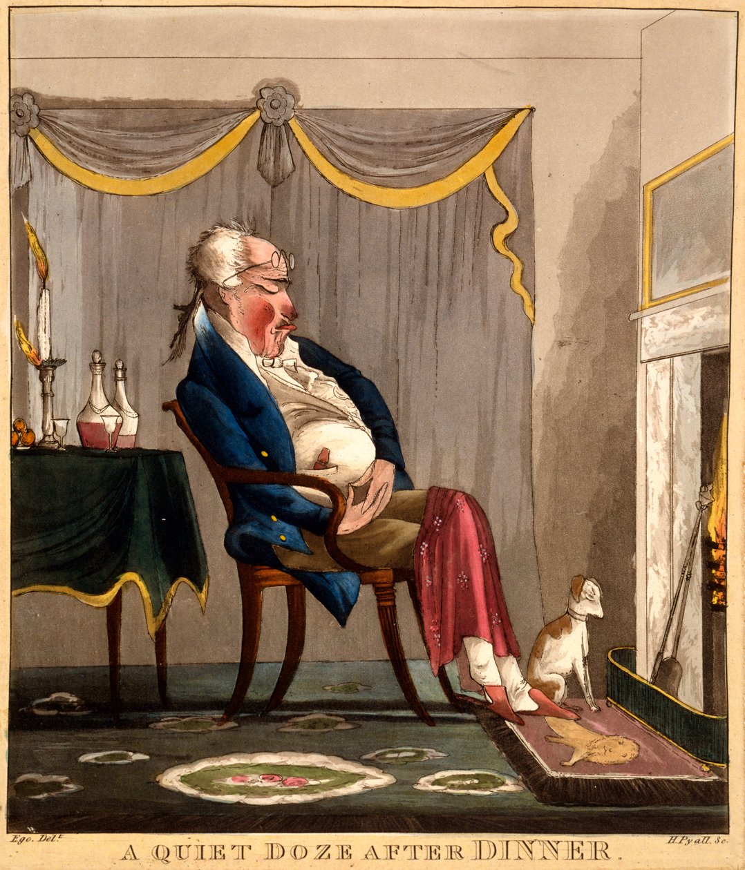 Hiljainen torkku päivällisen jälkeen, printti H. Pyall, n. 1827-1833 (käsinvärinen kaiverrus) tekijältä English School