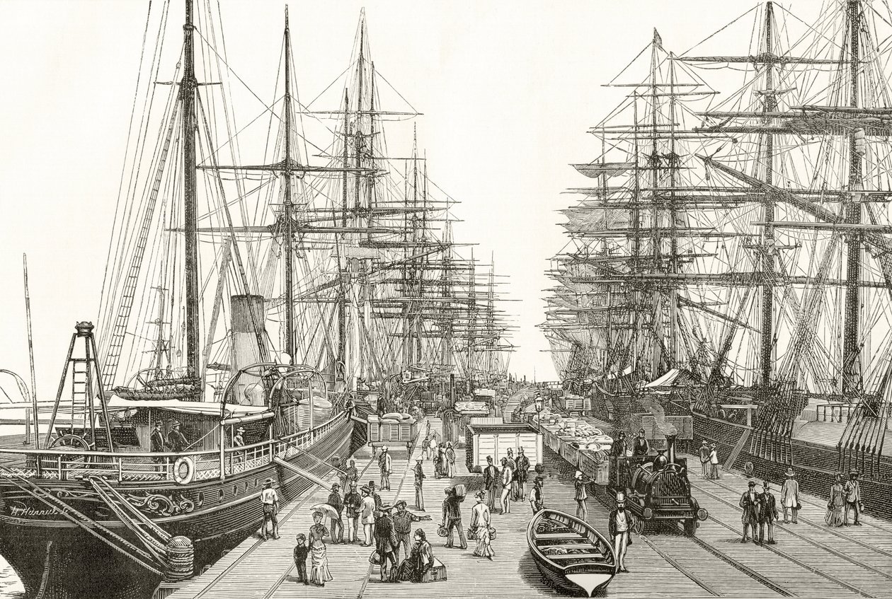 Rautatien laituri Melbournessa, Howard Willoughbyn "Australian Pictures" -julkaisusta, julkaisija Religious Tract Society, Lontoo, 1886 tekijältä English School