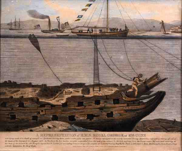 Edustus H.M.S. Royal George of 108 Guns, julkaistu vuonna 1833 (värillinen kaiverrus) tekijältä English School