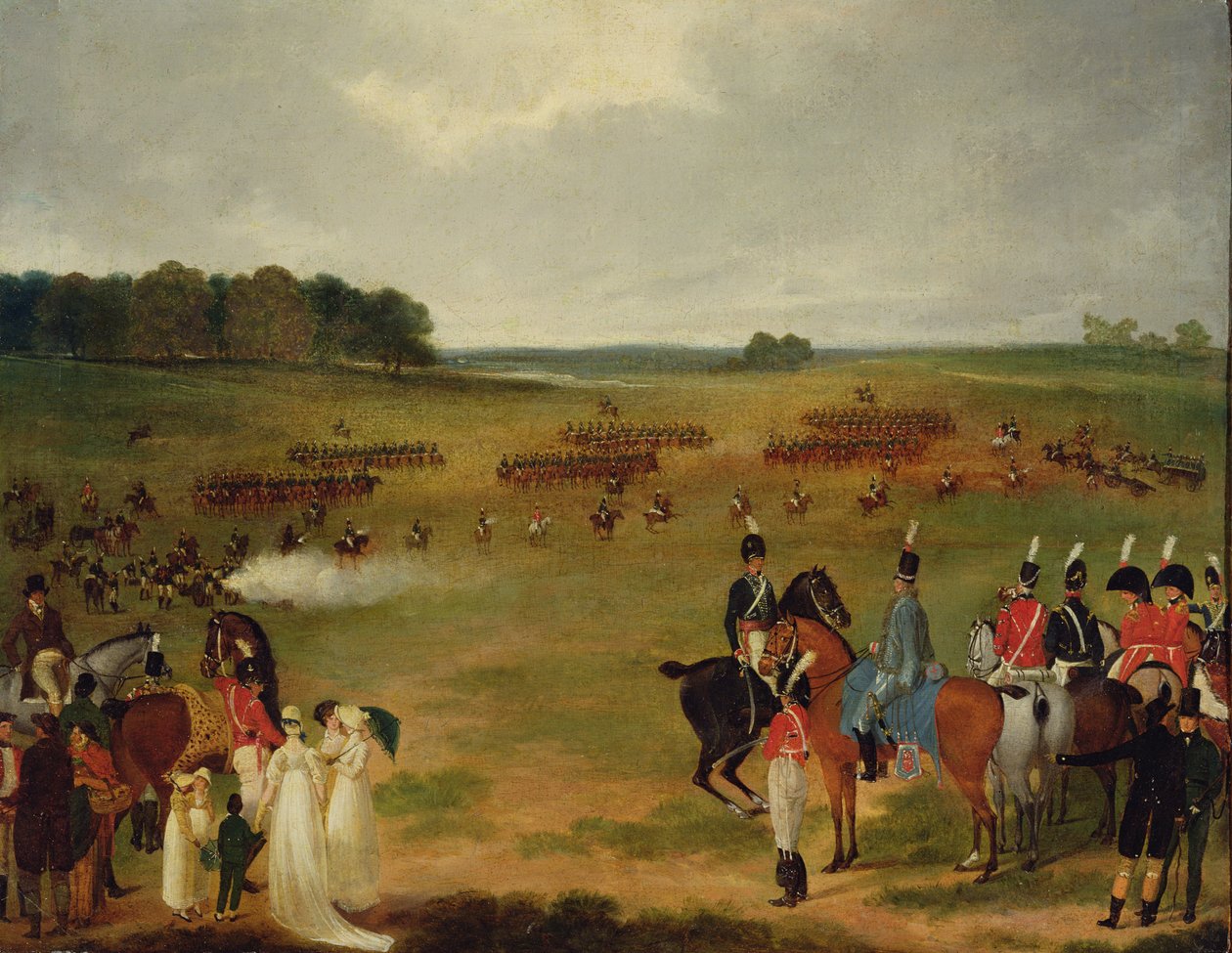 Katsaus Lontoon vapaaehtoisen ratsuväen ja lentävästä tykistöstä Hyde Parkissa vuonna 1804, n. 1804 (öljy aluksella paneelissa) tekijältä English School