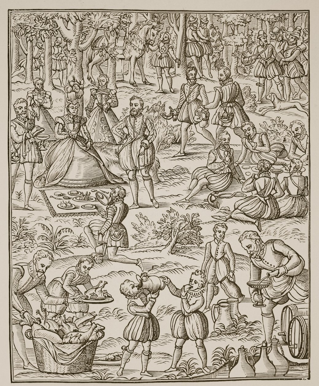Kuninkaallinen piknik, George Turbervillen Noble Art of Venerie and Hunting -lautanen, 1575 (seepiakuva) tekijältä English School