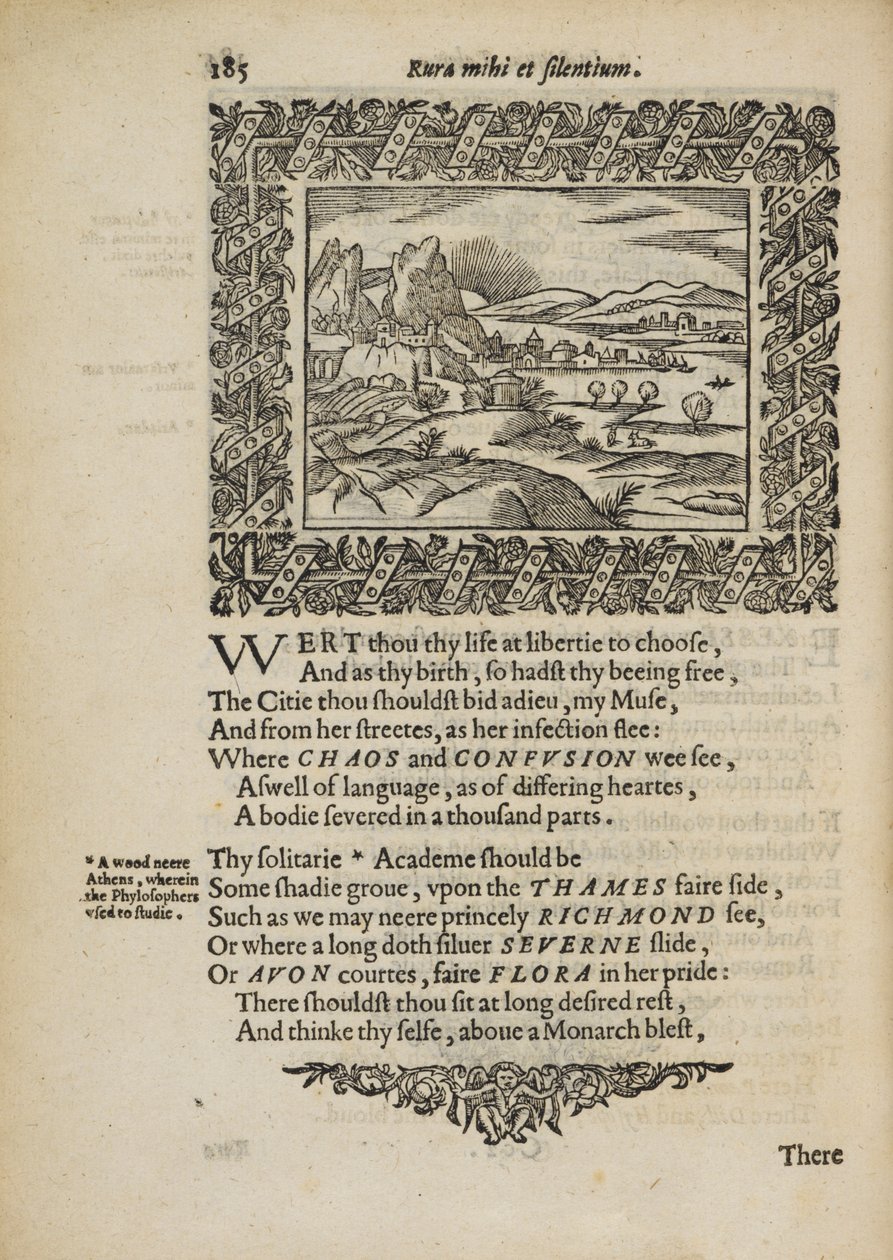 Maaseutukohtaus runolla "Rura Mihi et Silentium", kuvitus Henry Peacham nuoremman teoksesta "Minerva Britanna..." tekijältä English School