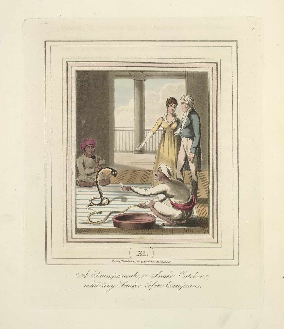 Saumpareeah tai käärmeensieppaaja, joka esittelee käärmeitä eurooppalaisten edessä, n. 1824 (väri litho) tekijältä English School