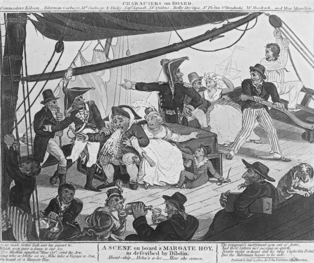 Kohtaus Margate Hoyn laivalla, Dibdinin kuvaama, 1804 (käsinvärinen etsaus) tekijältä English School