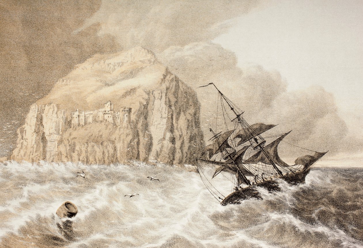 Haaksirikko Bass Rockia vastaan, Firth of Forth, John Howien (1735-93) teoksesta The Scots Worthies mukaan Howie