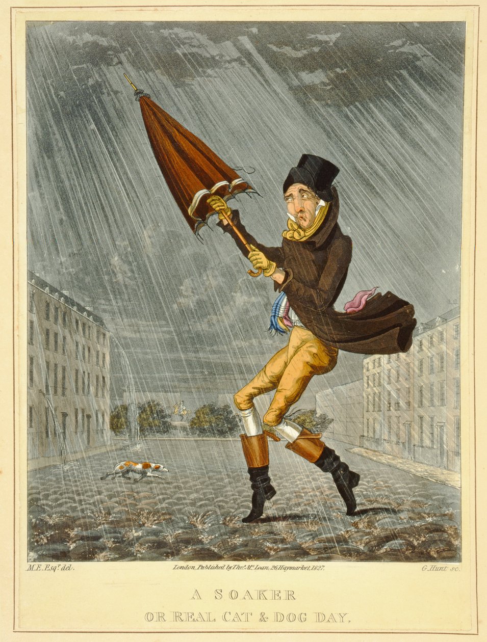 A Soaker eli oikea kissan ja koiran päivä, kaiverrettu G. Hunt, julkaisija Thomas McLean, Lontoo, 1827 (värillinen etsaus) tekijältä English School