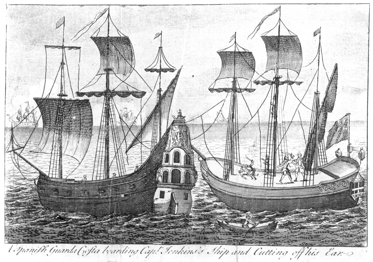 Espanjalainen "Guarda Costa" (rannikkovartiosto) astuu kapteeni Jenkinsin laivaan ja leikkaa hänen korvansa, 1731 tekijältä English School