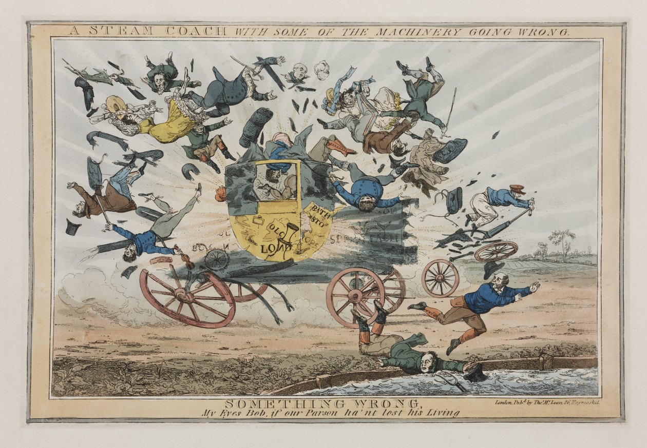 Höyrybussi, jossa osa koneista menee pieleen, n. 1825 tekijältä English School