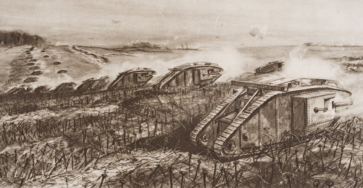 Panssarihyökkäys Cambraissa, Ranskassa, esimerkki H.G. Wellsin teoksesta "The Outline of History", osa II, julkaistu vuonna 1920 tekijältä English School