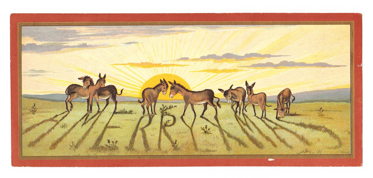 Viktoriaaninen joulukortti auringonlaskusta, joka heittää varjoja aasin rivistä, jossa lukee "Hyvää joulua", noin vuodelta 1880 tekijältä English School