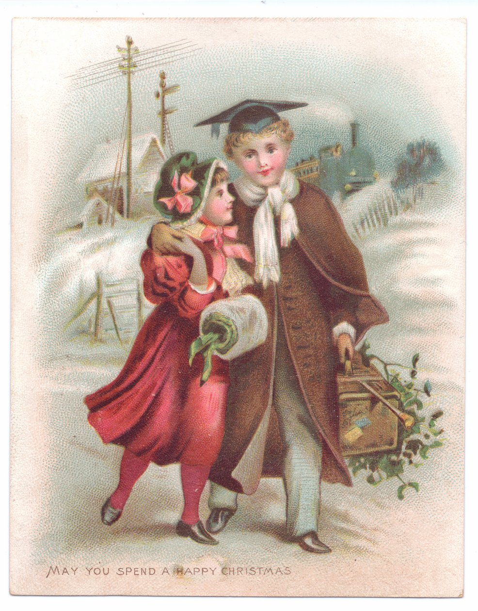 Viktoriaaninen joulukortti pojasta, joka pukeutuu laastilevyyn kädessään lumessa kävelevän tytön ympärillä, n. 1880 (väri litho) tekijältä English School