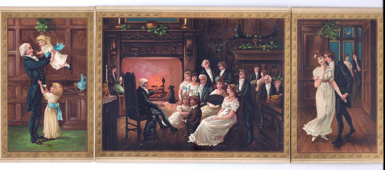 Viktoriaaninen joulukortti isästä ja hänen lapsistaan, isästä kertomassa tarinaa perheryhmälle ja herrasmiehestä, joka yrittää suudella naista misletoen alla, n. 1880 tekijältä English School