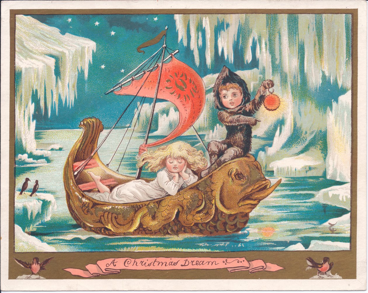 Viktoriaaninen joulukortti tyttökeijusta, joka nukkuu koristeellisessa delfiiniveneessä jäätyneellä merellä, kun poikakeiju pitelee lamppua, n. 1880 (väri litho) tekijältä English School