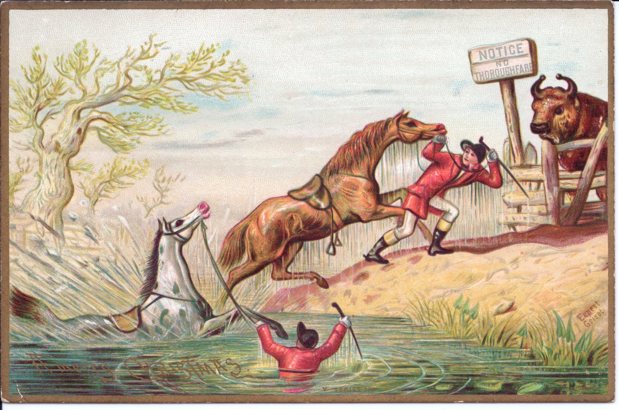 Viktoriaaninen joulukortti, jossa hevonen ryöstelee vedessä, kun ratsastaja vetää toisen maihin, n. 1880 (väri litho) tekijältä English School