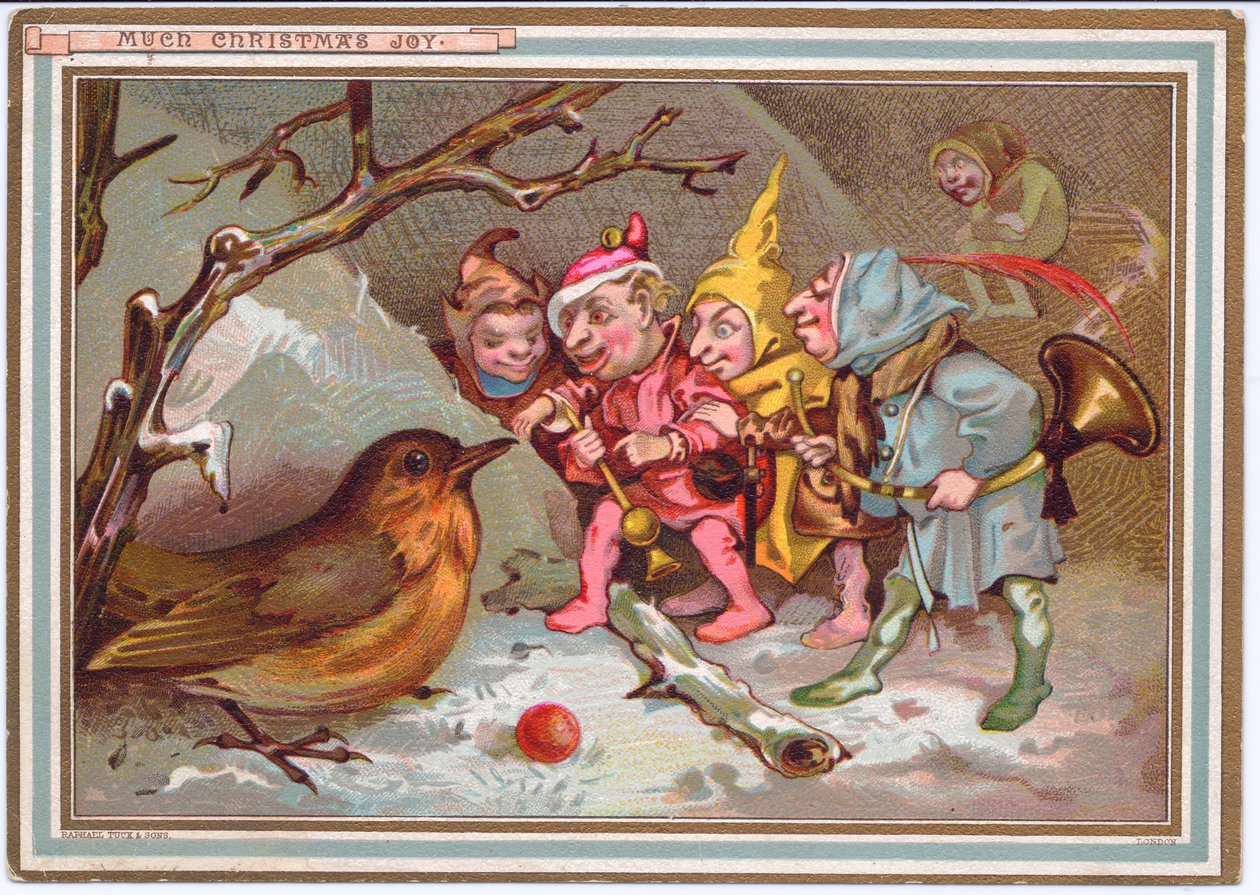 Viktoriaaninen joulukortti tonttujen seurueesta, jotka kantavat mukanaan soittimia ja katselevat hämmentynyttä robinia, n. 1880 tekijältä English School