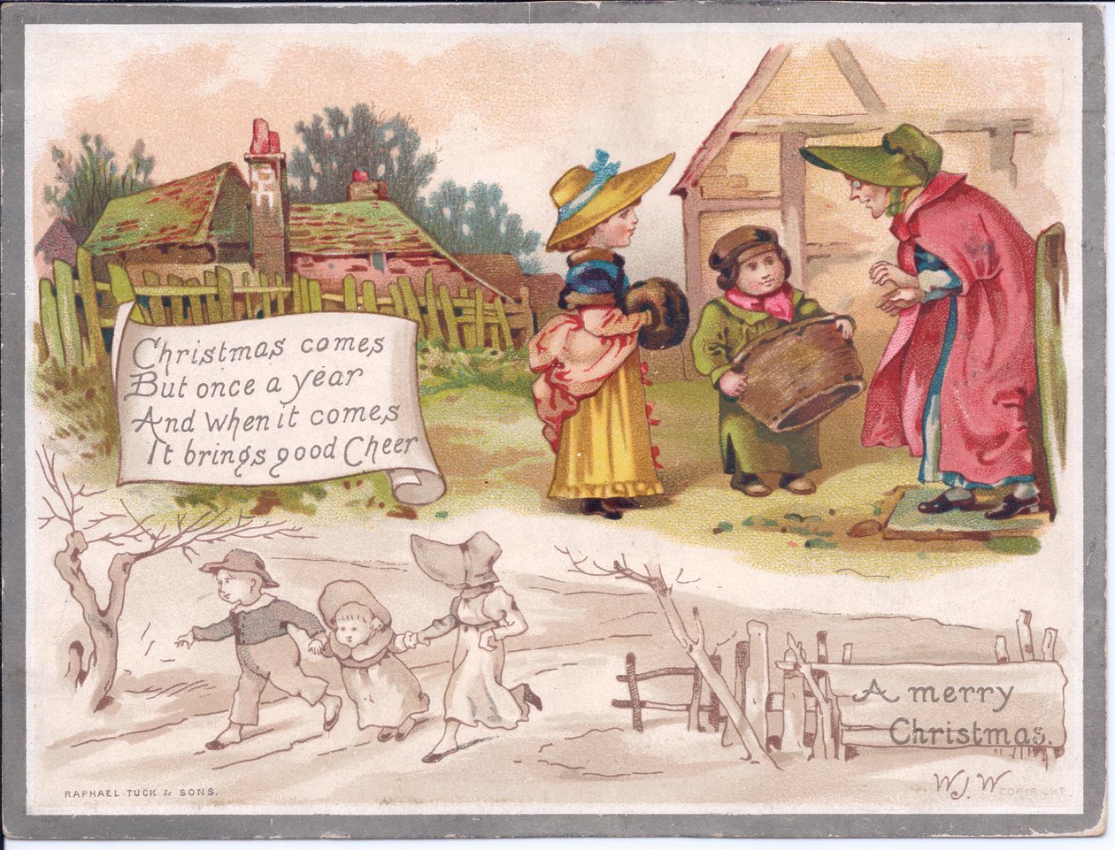 Viktoriaaninen joulukortti iäkkäästä naisesta kahden lapsen kanssa maatilalla, n. 1880 (väri litho) tekijältä English School