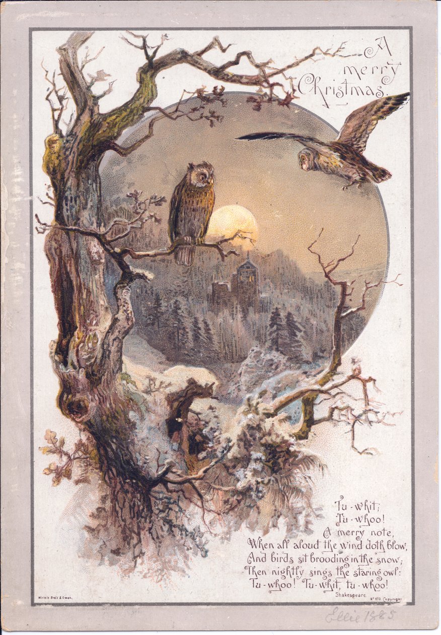 Viktoriaaninen joulukortti pöllöstä kyydissä oksalla kuutamoisena yönä, n. 1880 (väri litho) tekijältä English School