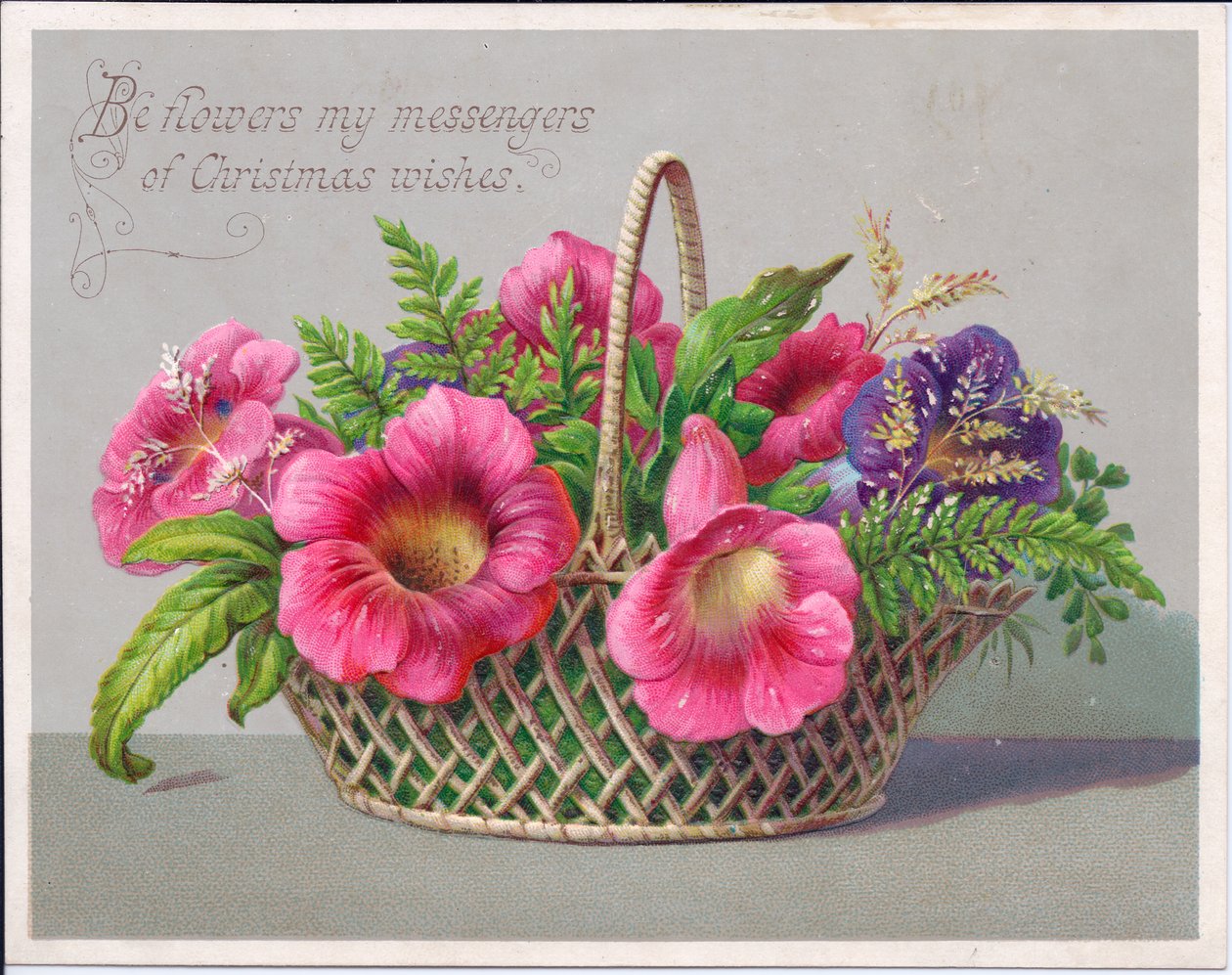 Viktoriaaninen joulukortti kukista pajukorissa, n. 1880 (väri litho) tekijältä English School