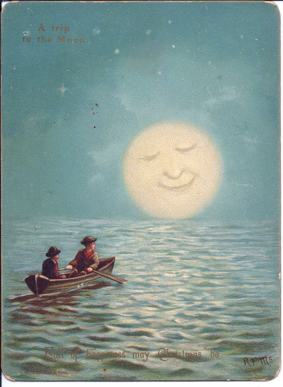 Viktoriaaninen joulukortti kahdesta pojasta soutuveneessä kuutamoisena yönä, n. 1880 (väri litho) tekijältä English School