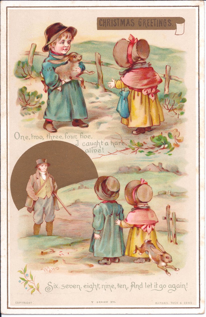 Viktoriaaninen joulukortti kahdesta lapsesta jäniksen kanssa, n. 1880 (väri litho) tekijältä English School