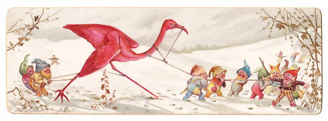 Viktoriaaninen joulukortti, jossa ilkivaltainen tonttujoukko johdattaa vangitun flamingon pois lumessa n. 1880 tekijältä English School