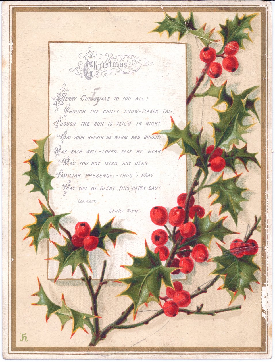 Viktoriaaninen joulukortti, jossa on suuri holly-suihke ja säe, noin 1880 tekijältä English School